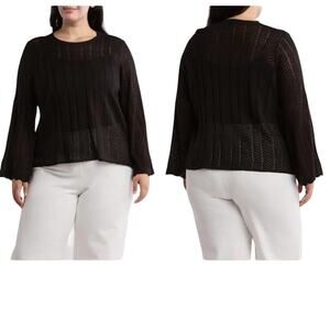 Adrianna Papell Sweater 2XL Black Pointelle Stitch scallop-cuffed bell sleeve